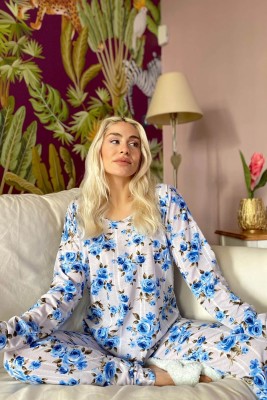 Blue Rose Baskılı Uzun Kol Kadın Pijama Takımı - 2