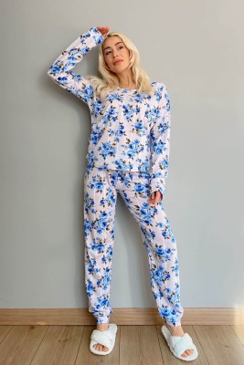 Blue Rose Baskılı Uzun Kol Kadın Pijama Takımı - 4
