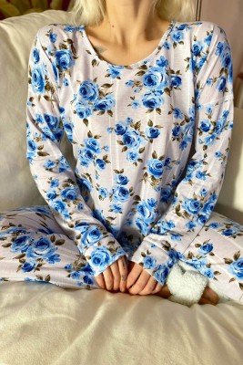 Blue Rose Baskılı Uzun Kol Kadın Pijama Takımı - 5