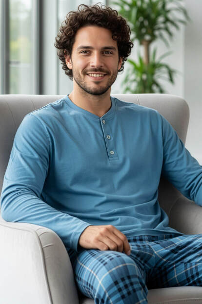 Blue Stylish Erkek Uzun Kol Pijama Takımı 