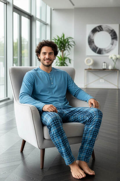 Blue Stylish Erkek Uzun Kol Pijama Takımı - 4
