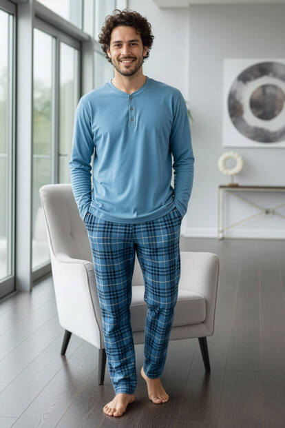 Blue Stylish Erkek Uzun Kol Pijama Takımı - 5
