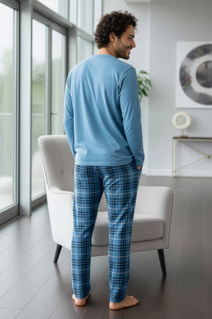 Blue Stylish Erkek Uzun Kol Pijama Takımı - 6