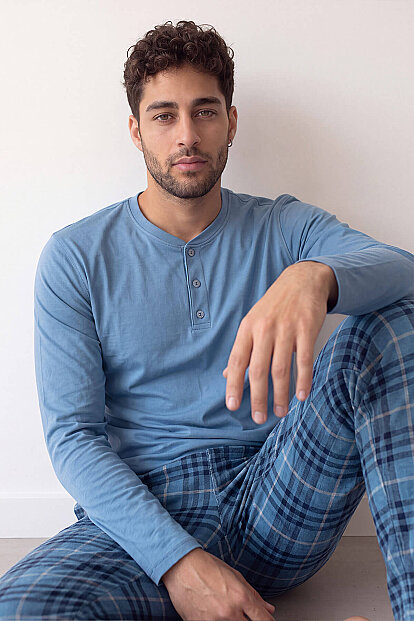 Blue Stylish Erkek Uzun Kol Pijama Takımı - 1