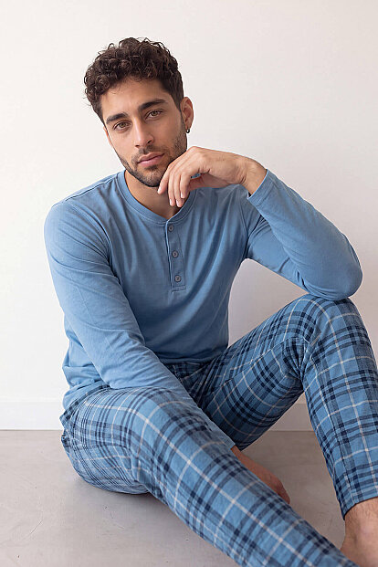Blue Stylish Erkek Uzun Kol Pijama Takımı - 4