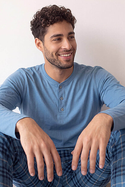 Blue Stylish Erkek Uzun Kol Pijama Takımı - 5