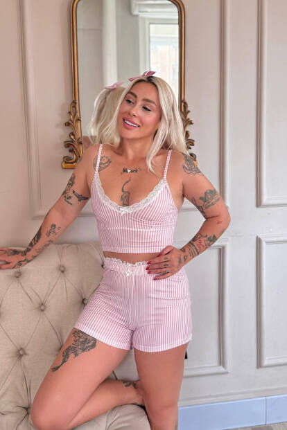 Blush Belle Desenli Ip Askılı Dantel Detaylı Şortlu Bambu Kadın Pijama Takımı - 3