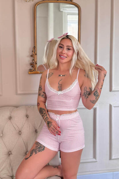 Blush Belle Desenli Ip Askılı Dantel Detaylı Şortlu Bambu Kadın Pijama Takımı - 4
