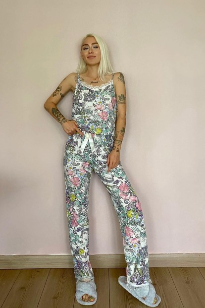 Bohem Dantelli İp Askılı Örme Kadın Pijama Takımı - 5