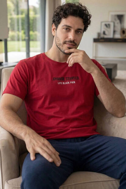 Bold Red Life Baskılı Kısa Kollu Cotton Erkek Pijama Takımı 