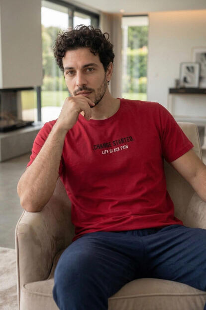 Bold Red Life Baskılı Kısa Kollu Cotton Erkek Pijama Takımı - 3