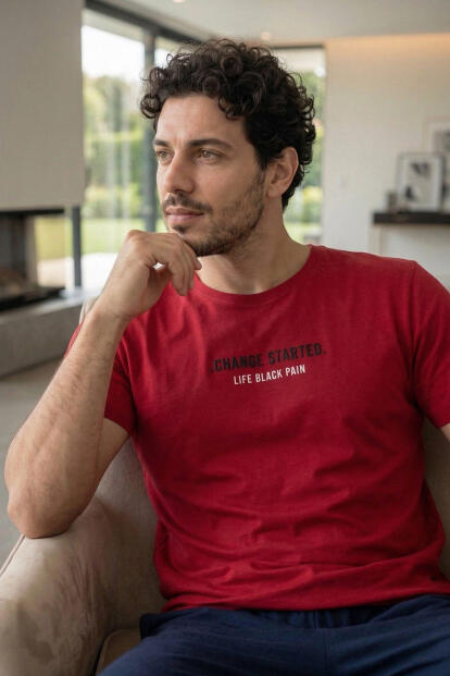 Bold Red Life Baskılı Kısa Kollu Cotton Erkek Pijama Takımı - 4