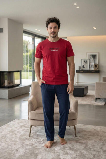 Bold Red Life Baskılı Kısa Kollu Cotton Erkek Pijama Takımı - 6