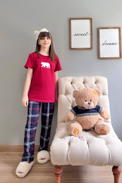 Bordo Bear Kısa Kol Anne Kız Aile Pijaması - Çocuk Takımı - 5