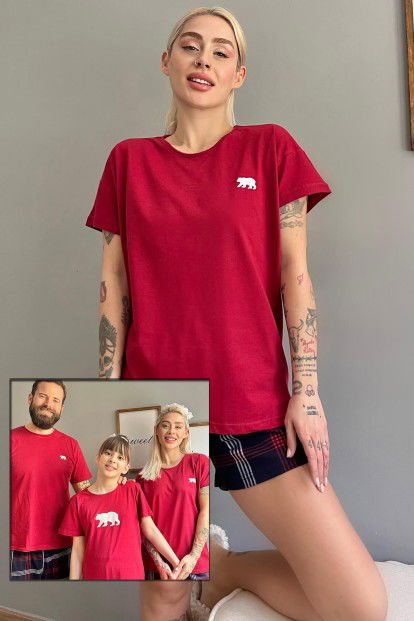 Bordo Bear Şortlu Sevgili Aile Pijaması - Kadın Takımı - 1