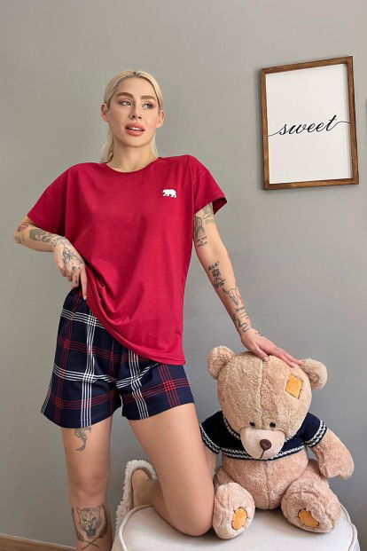 Bordo Bear Şortlu Sevgili Aile Pijaması - Kadın Takımı - 3