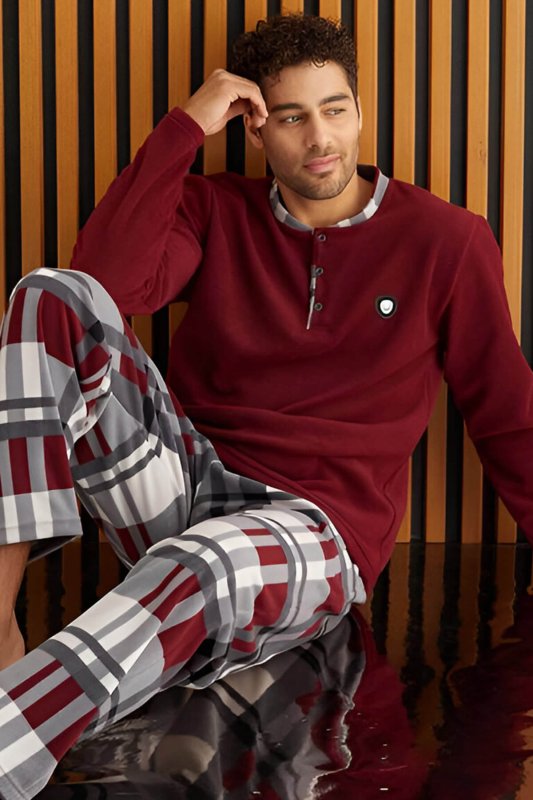 Bordo Beyaz Ekose Desenli Polar Erkek Pijama Takımı - Pijamaevi