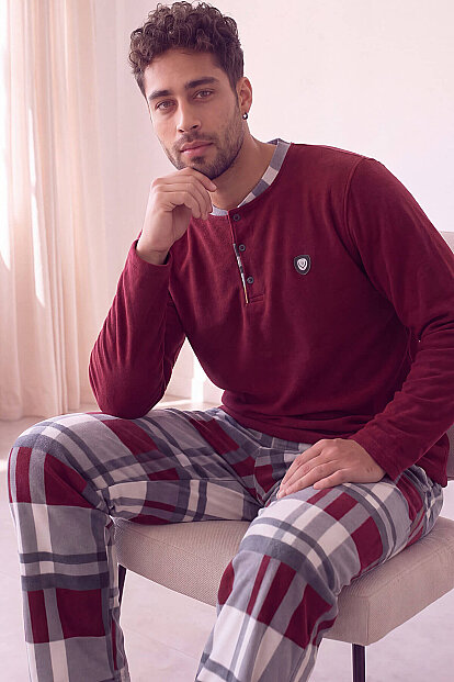 Bordo Beyaz Ekose Desenli Polar Erkek Pijama Takımı 