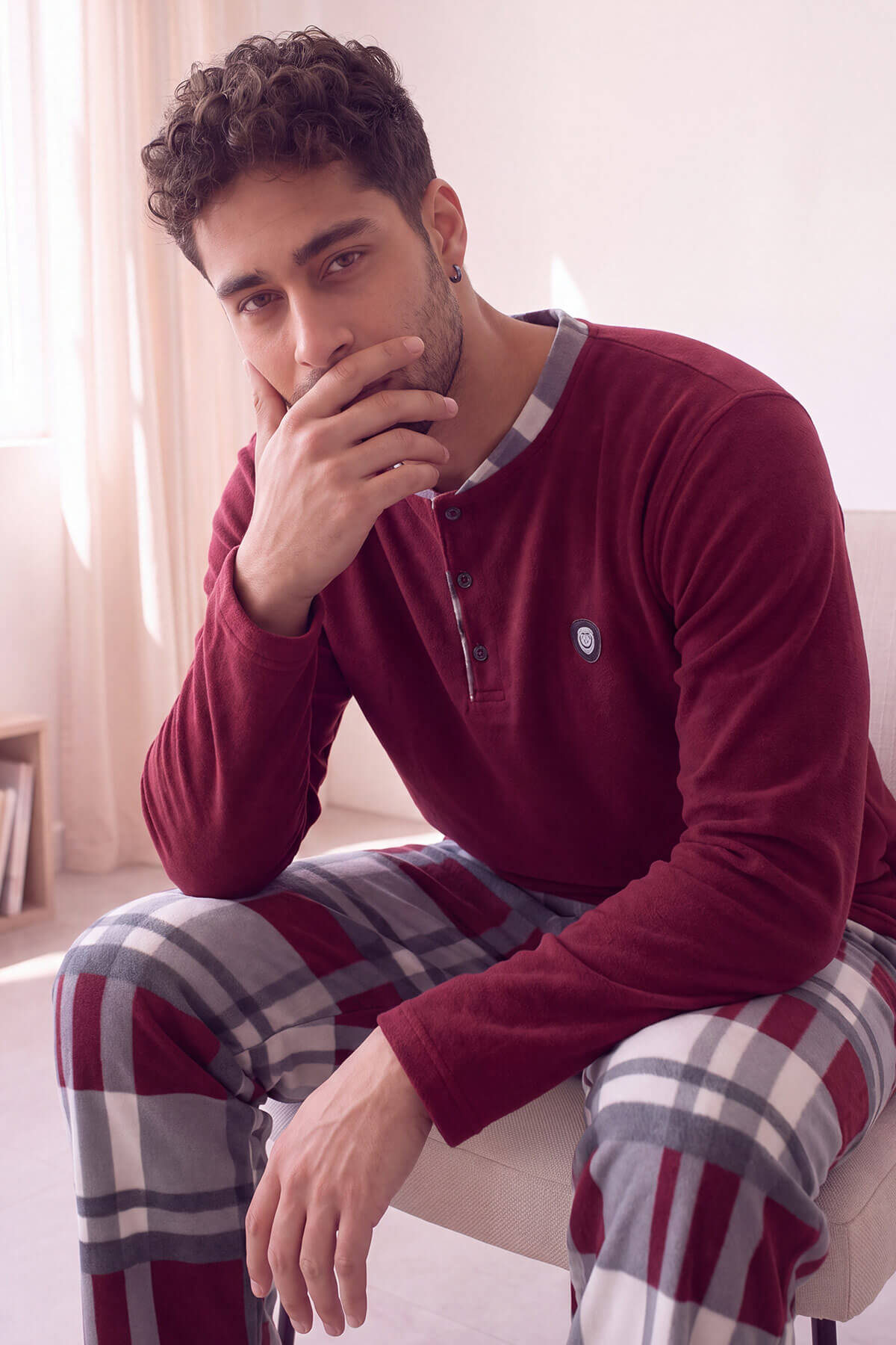 Bordo Beyaz Ekose Desenli Polar Erkek Pijama Takımı - Pijamaevi (1)