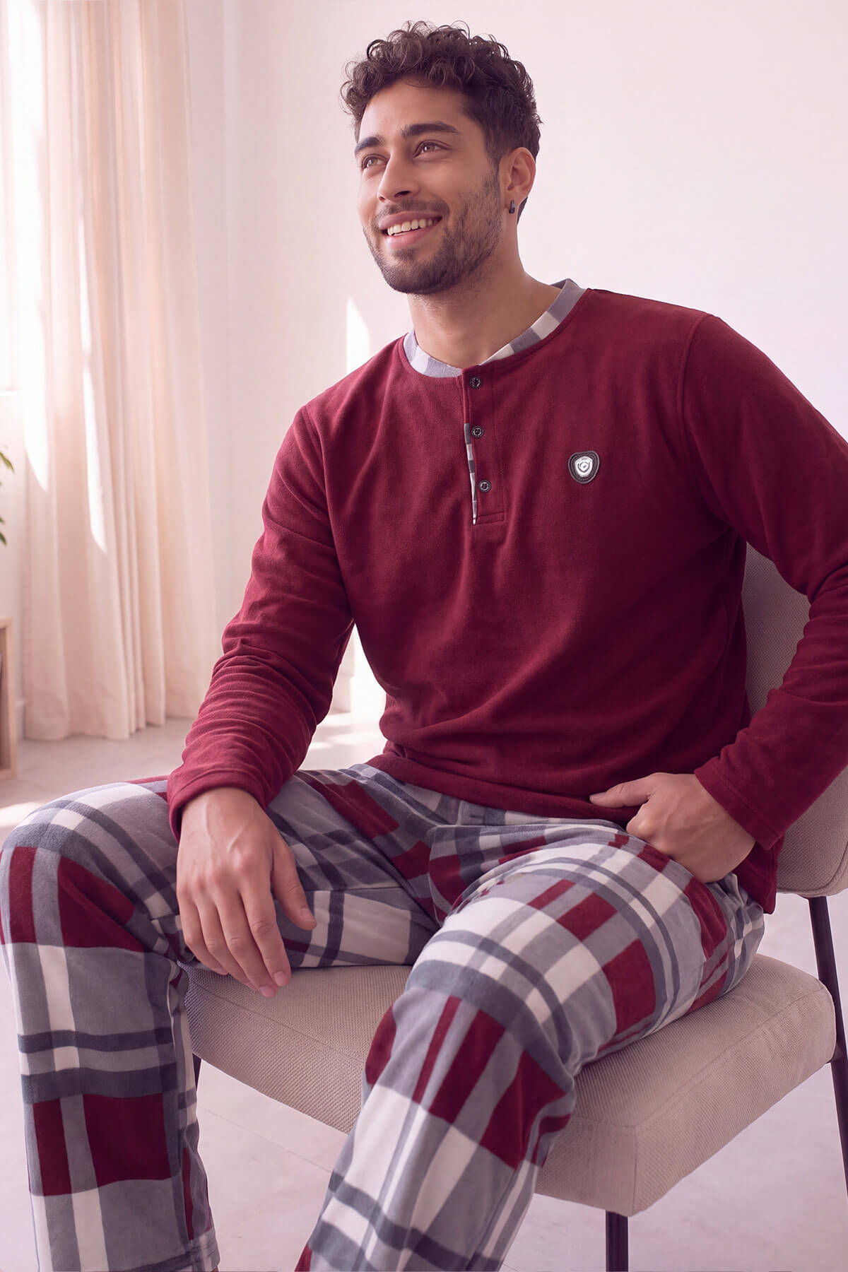 Bordo Beyaz Ekose Desenli Polar Erkek Pijama Takımı - Pijamaevi (2)