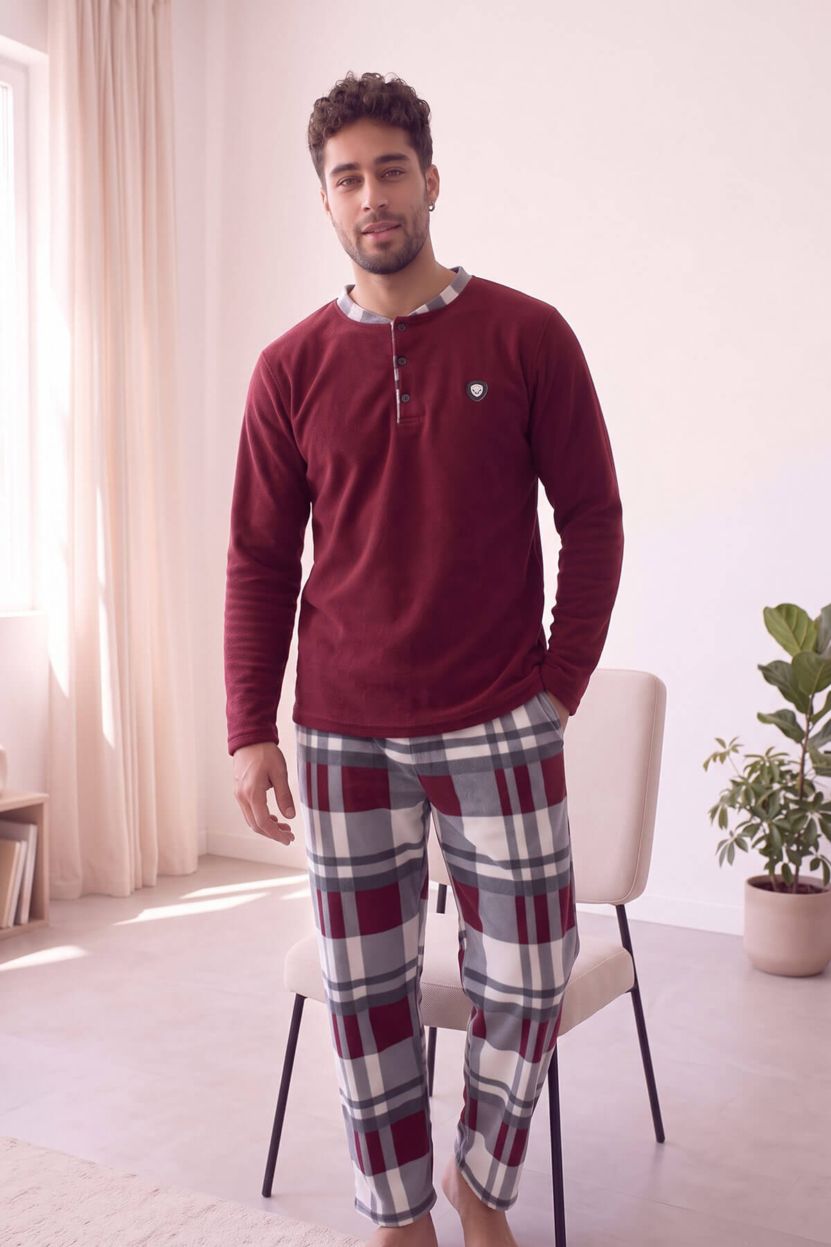 Bordo Beyaz Ekose Desenli Polar Erkek Pijama Takımı - Pijamaevi (3)