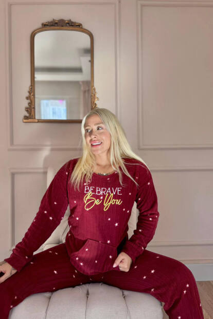 Bordo Brave Desenli Kanguru Cepli Peluş Polar Pijama Takımı - 2