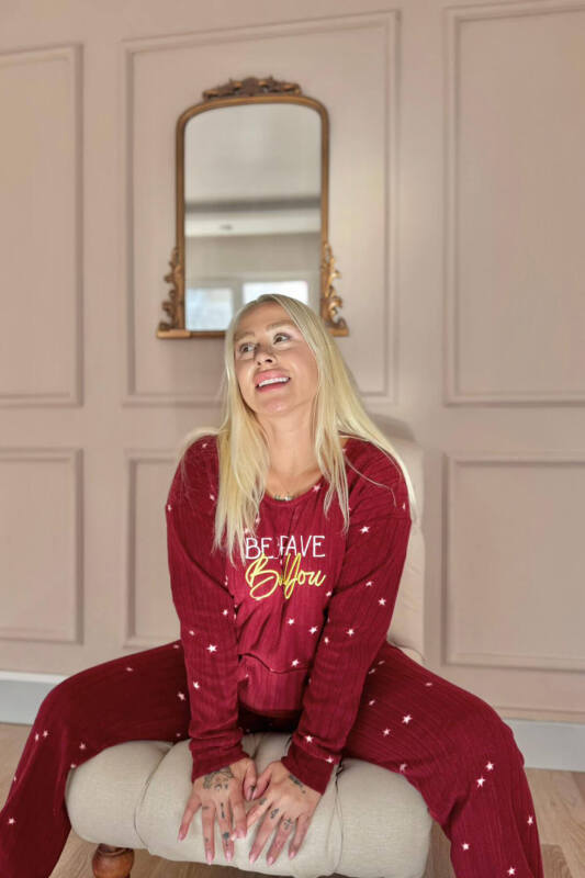 Bordo Brave Desenli Kanguru Cepli Peluş Polar Pijama Takımı - Pijamaevi (3)