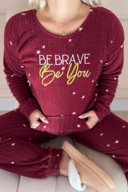 Bordo Brave Desenli Kanguru Cepli Peluş Polar Pijama Takımı - 5