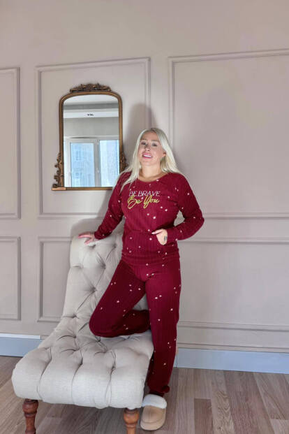 Bordo Brave Desenli Kanguru Cepli Peluş Polar Pijama Takımı - 6
