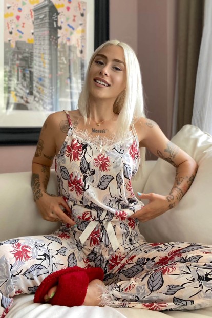 Bordo Çiçek Dantelli İp Askılı Örme Kadın Pijama Takımı - 2