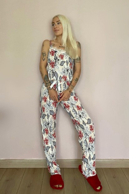 Bordo Çiçek Dantelli İp Askılı Örme Kadın Pijama Takımı - 4