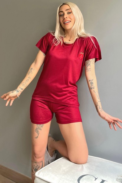 Bordo Çilek Nakışlı Örme Şortlu Kadın Pijama Takımı - 1