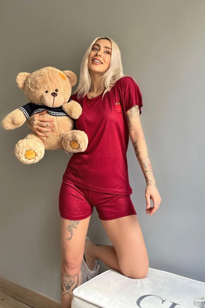 Bordo Çilek Nakışlı Örme Şortlu Kadın Pijama Takımı - 2