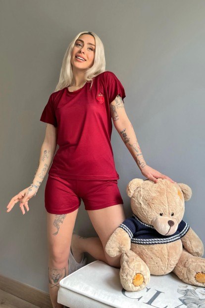 Bordo Çilek Nakışlı Örme Şortlu Kadın Pijama Takımı - 3