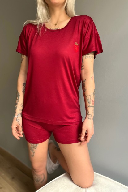 Bordo Çilek Nakışlı Örme Şortlu Kadın Pijama Takımı - 4