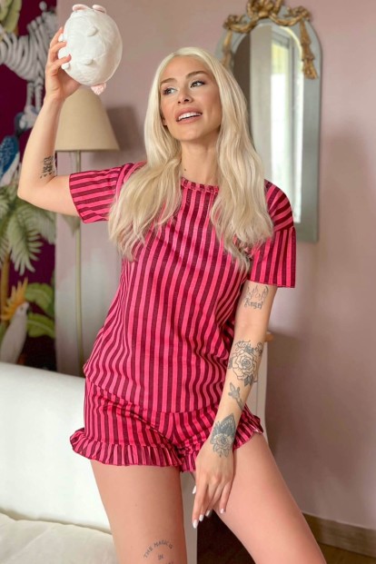 Bordo Çizgili Baskılı Şortlu Kadın Pijama Takımı - 1