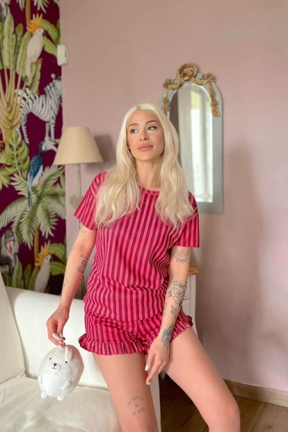 Bordo Çizgili Baskılı Şortlu Kadın Pijama Takımı - 3