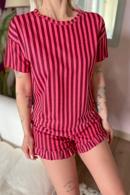 Bordo Çizgili Baskılı Şortlu Kadın Pijama Takımı - 4
