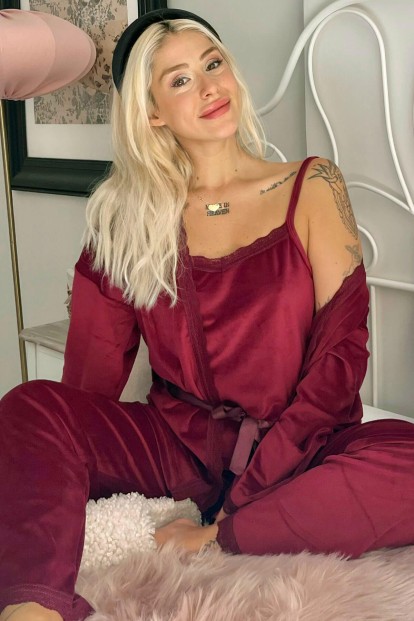 Bordo Claret Exclusive Kadife Sabahlıklı Kadın Pijama Takımı  - 1