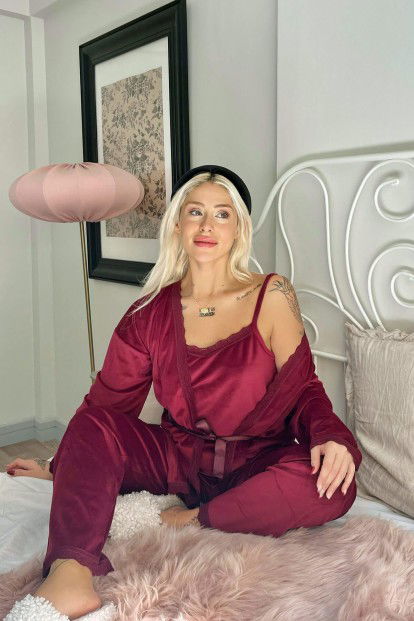 Bordo Claret Exclusive Kadife Sabahlıklı Kadın Pijama Takımı  - 2