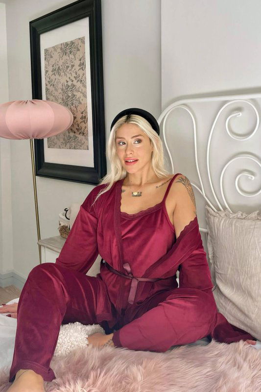 Bordo Claret Exclusive Kadife Sabahlıklı Kadın Pijama Takımı  - Pijamaevi (2)