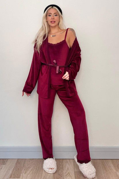 Bordo Claret Exclusive Kadife Sabahlıklı Kadın Pijama Takımı  - 6