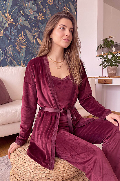 Bordo Claret Exclusive Kadife Sabahlıklı Kadın Pijama Takımı  - 3