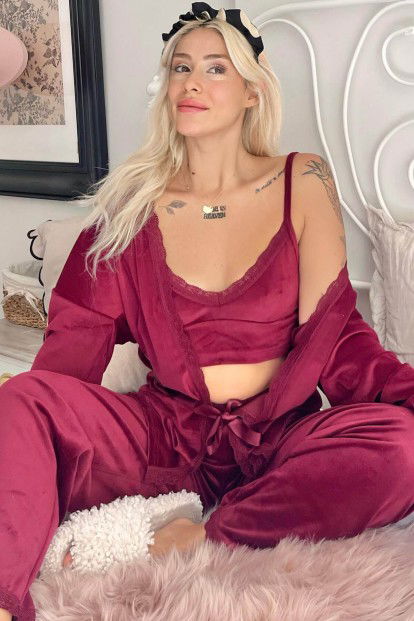 Bordo Crop Exclusive Kadife Sabahlıklı Kadın Pijama Takımı  