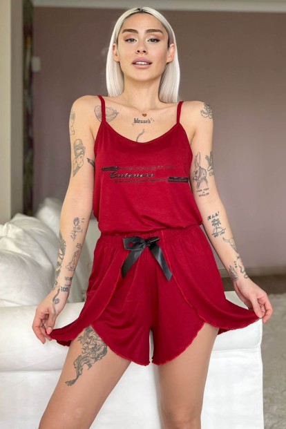 Bordo Cuteness Baskılı Örme İp Askı Şortlu Pijama Takımı - 2