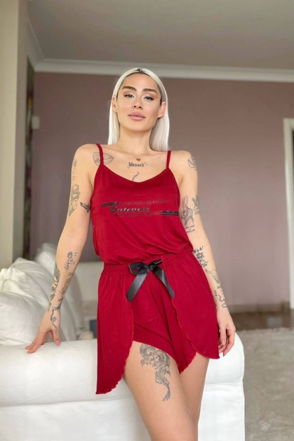 Bordo Cuteness Baskılı Örme İp Askı Şortlu Pijama Takımı - 3