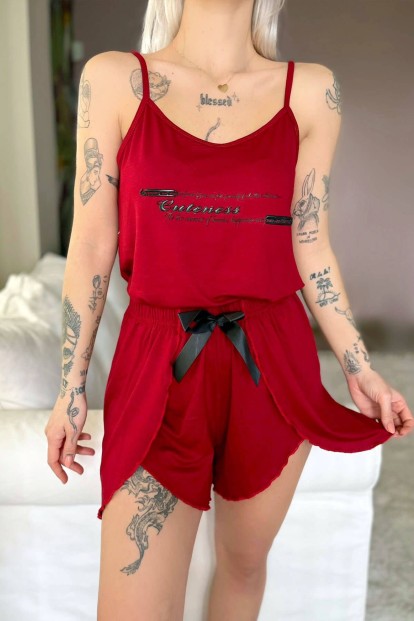 Bordo Cuteness Baskılı Örme İp Askı Şortlu Pijama Takımı - 4