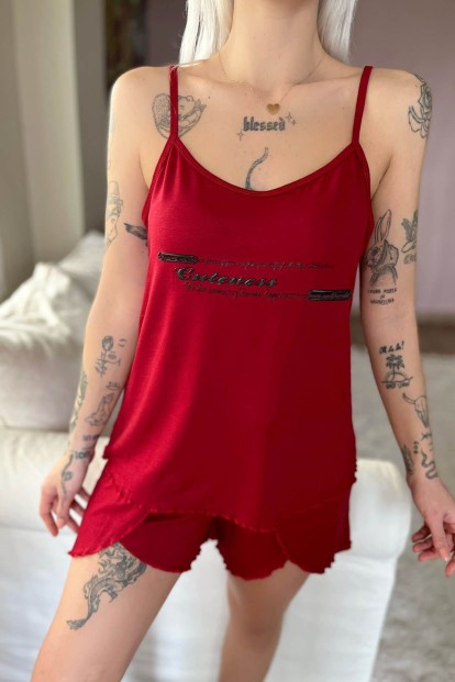 Bordo Cuteness Baskılı Örme İp Askı Şortlu Pijama Takımı - 5