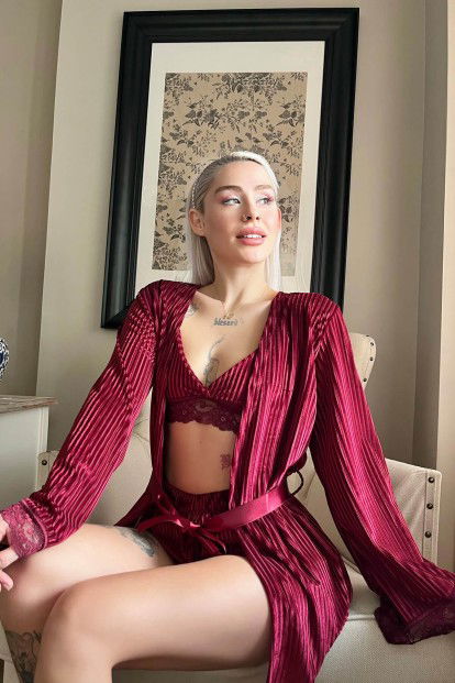 Bordo Devore Kadife Crop Sabahlıklı Şortlu Kadın Pijama Takımı - 2