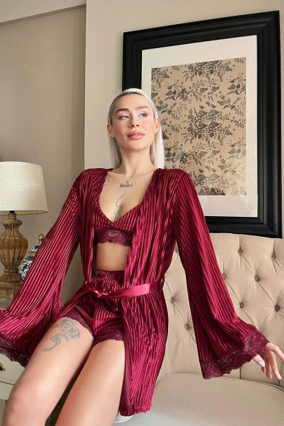 Bordo Devore Kadife Crop Sabahlıklı Şortlu Kadın Pijama Takımı - 3